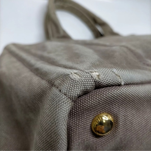 Authentic Prada Canapa Hand Bag tote Lg Dark Beige/brownish  tan color Canvas - Picture 9 of 17